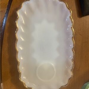 White Milk Glass Luncheon Plate W/Cup Rest Gold Trim Vintage  | No cup